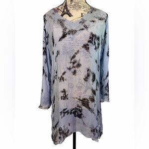 Raya Sun Black & Blue Tie-Dye Boho Silver Thread Embroidered Sheer Tunic Size M